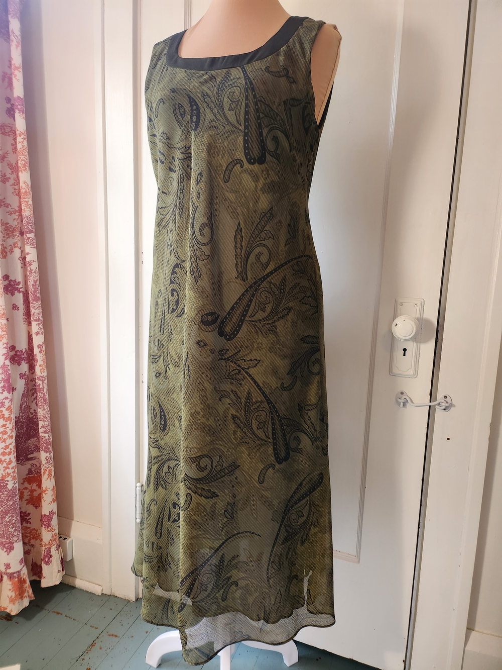 90s Y2K Paisley Sheer Chiffon Sleeveless Green Maxi Dress